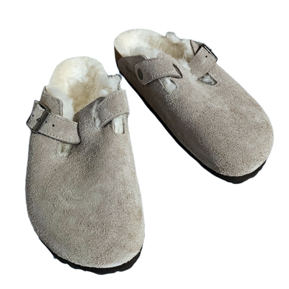 Birkenstock Boston Shearling Clog Suede Leather Stone Coin Size 7 NWT